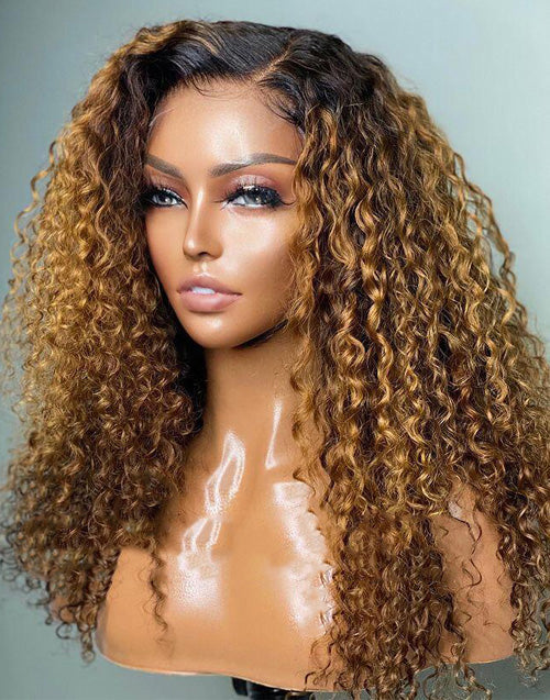 16" Ombre Honey Blonde Curly 4x4 Lace Glueless Wigs