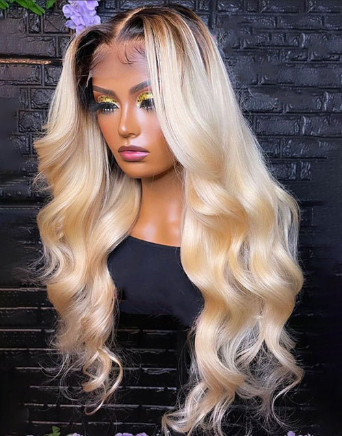26" T1B/613 Wavy 4x4 Lace Wig Glueless Human Hair Wig