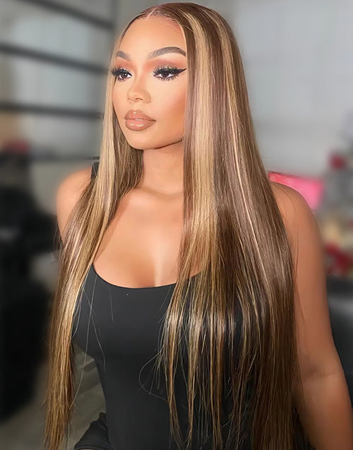 20" Highlight Honey Brown Straight 7x5 Pre Cut Lace Wigs