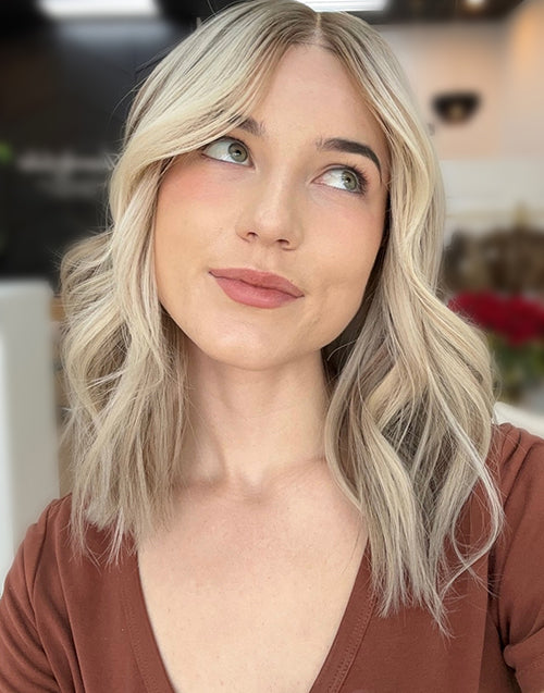 Kayra- Highlight Ombre Ash Blonde With Light Grey Root Short Wavy Bob Lace Front Wig For Women