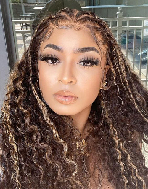 Alba- (Can Do Braids )Highlight Honey Brown Curly Full Lace Human Hair Wig Need To Do By Yourself