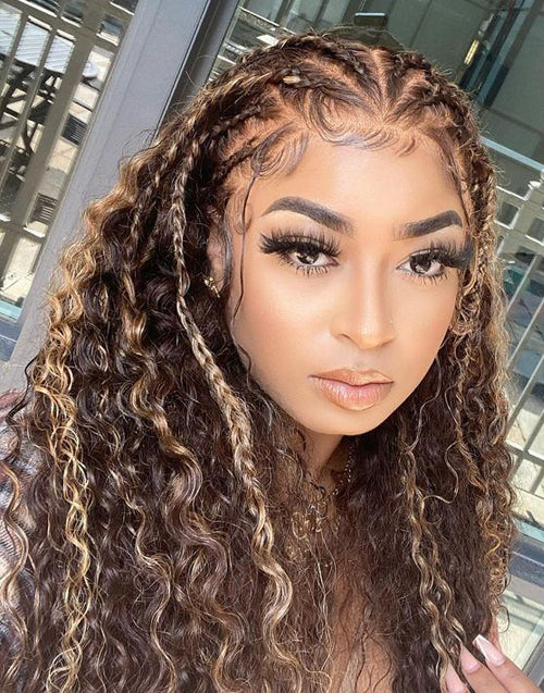 Alba- (Can Do Braids )Highlight Honey Brown Curly Full Lace Human Hair Wig Need To Do By Yourself