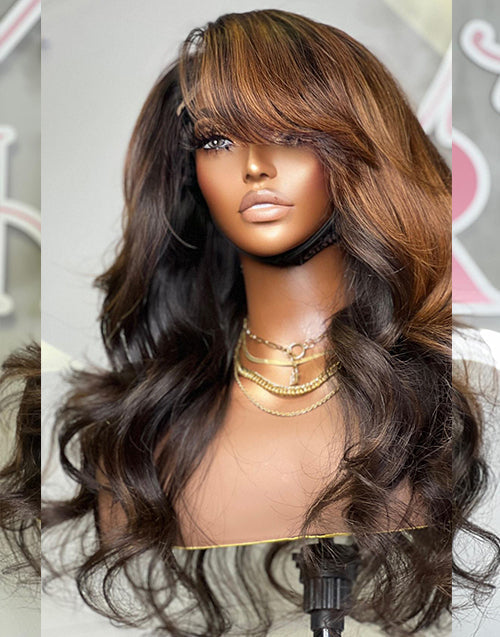 13x4 Rich Brown Color With Heavy Side Bang Wig Loose Wave Human Hair Lace Front Wigs