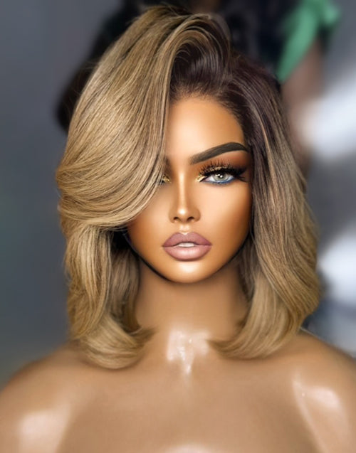 Kitty- Gluless Pull Go Ombre Honey Blonde Bob With Side Swept Fringe Bangs Shoulder Length Wig With Layers