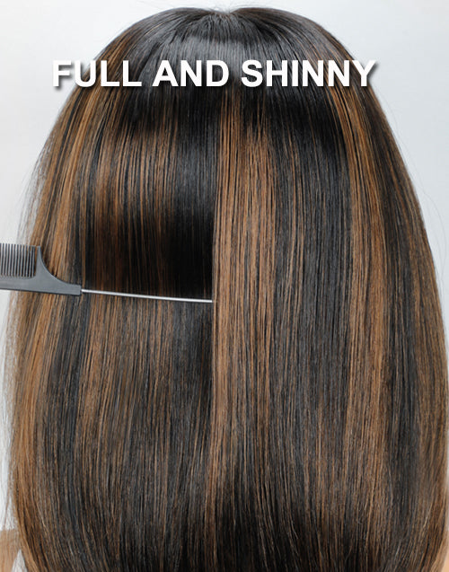 Face Framing Brown Highlight Glueless Wigs With Bangs Layered Bob Cut Pre Everything Wigs