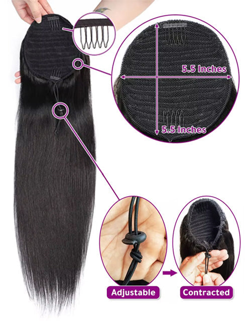 Ponytail Human Hair Extensions With Clip 12"-30" Straight Human Hair Drawstring Ponytail For Women 1 Piece