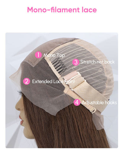 Wig with labeled mono-filament lace and stretch net back on a white background