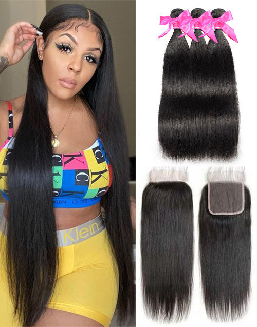 32inch Straight Hair 3 Bundles With Closure Human Hair With 4x4 Lace Closure