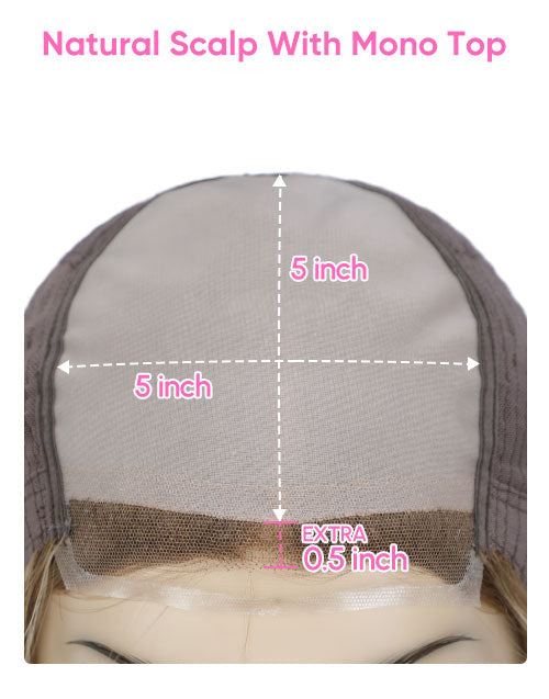 Wig with measurements showing natural scalp and mono top, labeled 'Jessie's Wig'.