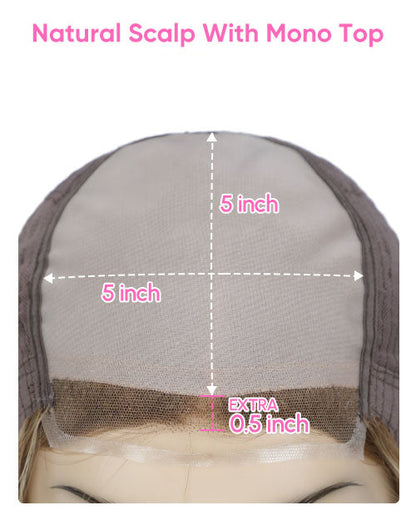Wig with measurements showing natural scalp and mono top, labeled 'Jessie's Wig'.