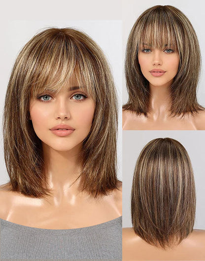 Celia-Shoulder Layered Brown Mixed Blonde Bob Wig With Bangs 4X4 Lace Closure Wig