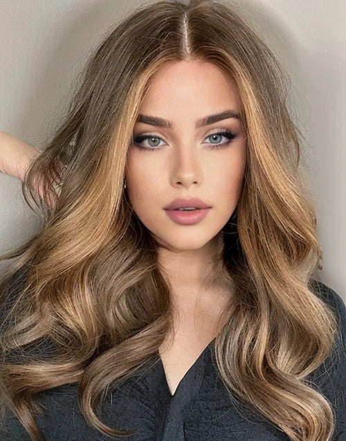 Moly-Brown Blonde Highlights Wavy Human Hair 5x5 13x6 Lace Wigs For Caucasian Women