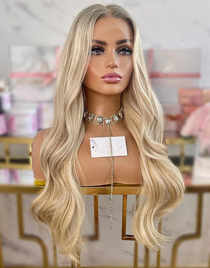 14" Highlight Blonde Wavy 13x6 Wig With Light Ash Roots