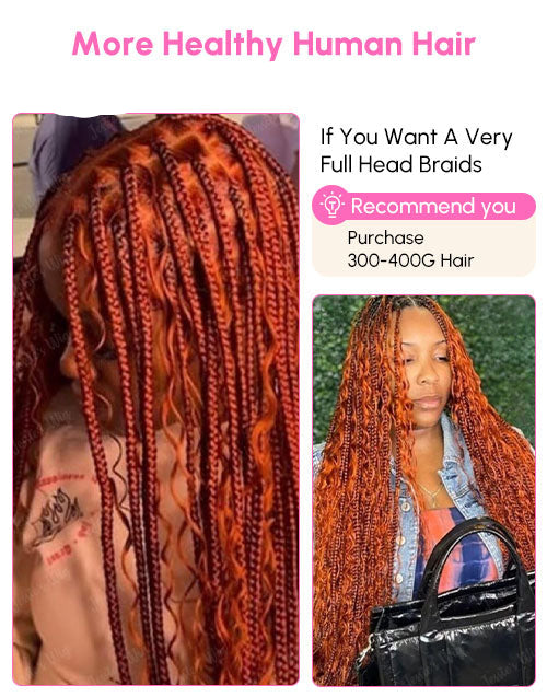Person with red braided hair and text about healthy human hair and wig recommendations.