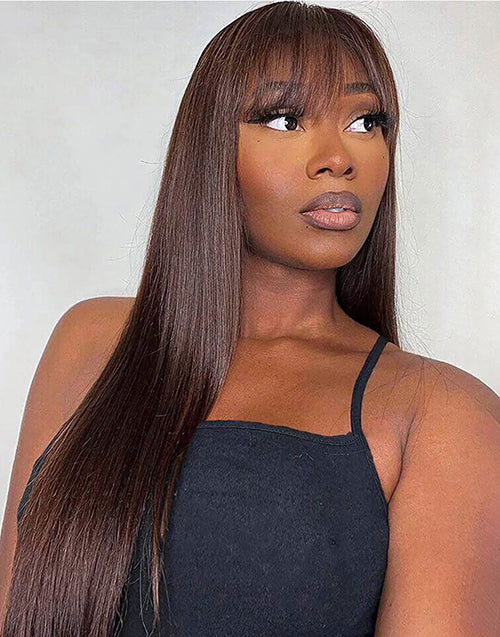 Sabina- Straight 13x5 Pre Everything Wig With Bangs Natural Black/Brown Glueless Human Hair Wig