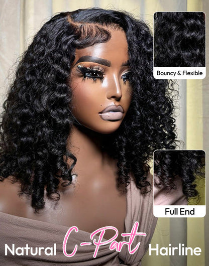 Mannequin head with curly black hair, labeled 'Natural C-Part Hairline', with close-up insets of hair texture.