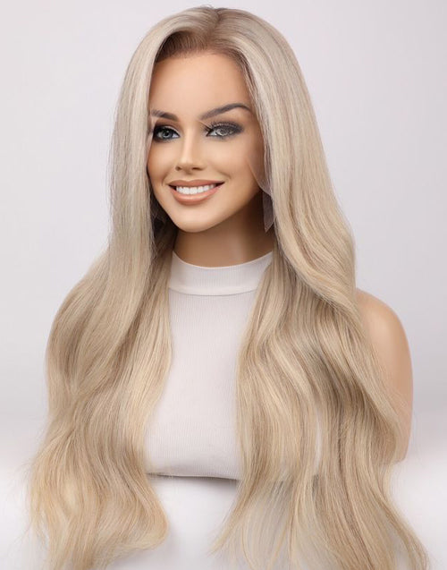 Allean- Luxury True-Hold Glueless Ponytail Lace Front Wig Ombre Grey Blonde Balayage Wavy Wig