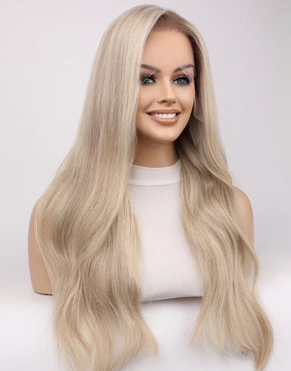 Allean- Luxury True-Hold Glueless Ponytail Lace Front Wig Ombre Grey Blonde Balayage Wavy Wig
