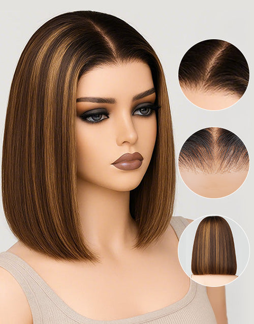 Sarena- Coffee Brown With Blonde Straight Bob Wig Pre Cut Lace Glueless Pull Go Wig