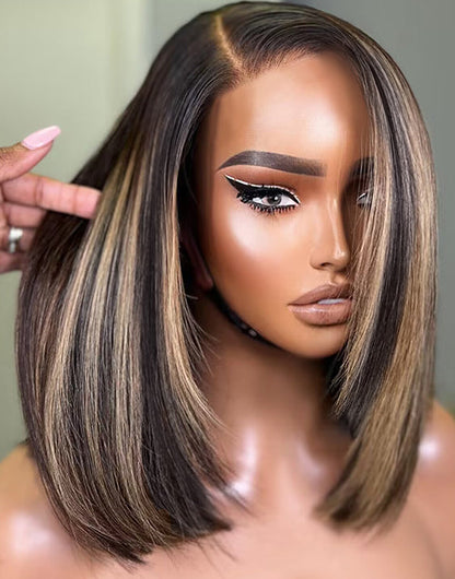 Valerie- Highlights Honey Short Asymmetric Bob Straight Layer Cut 13x5 Pre Cut Lace Wig Glueless Wig Human Hair