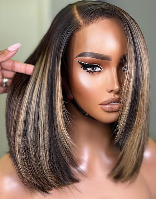 Valerie- Highlights Honey Short Asymmetric Bob Straight Layer Cut 13x5 Pre Cut Lace Wig Glueless Wig Human Hair
