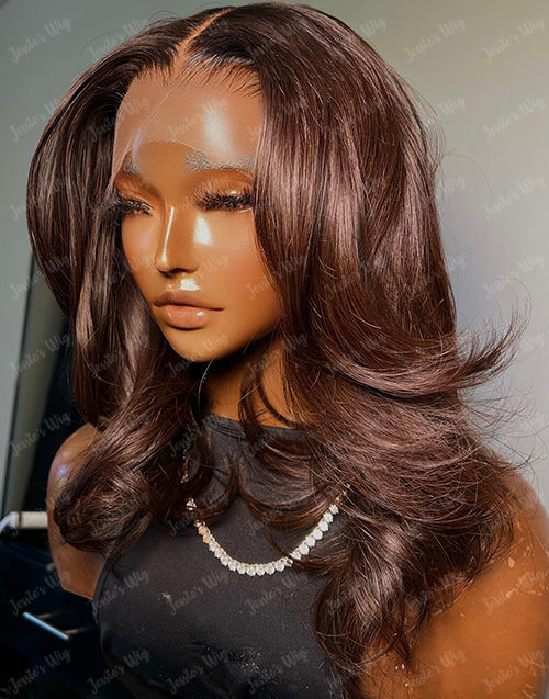 Stunning Chocolate Brown Wavy 13x4 Frontal Bob Human Hair HD Lace Wig Glueless