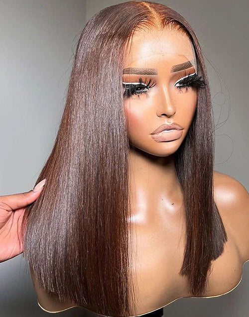 Holly- Glueless Chocolate Brown/Natural Black Long Bob Cut Wig 13x4 Lace Front Wigs Straight Bob Wig Human Hair