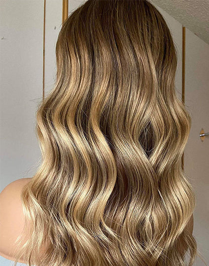 Jauy-Long Wavy Golden Honey Blonde Balayage Lace Front Wigs Middle Part