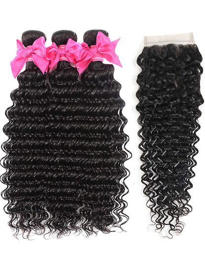 Deep Wave Hair 32inch 3 Bundles With Closure Human Hair With Lace Closure