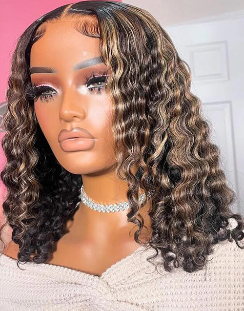 Melissa- Ombre Blonde Highlight With Dark Brown 13x5 Pre Everything Curly Bob Glueless Human Hair Wig