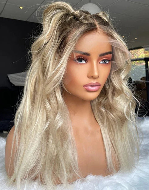 Gerly-Light Ash Blonde Wavy 13x6 Frontal Glueless Wig Need to Do Cute Braids/Ponytail by Yourself Human Hair