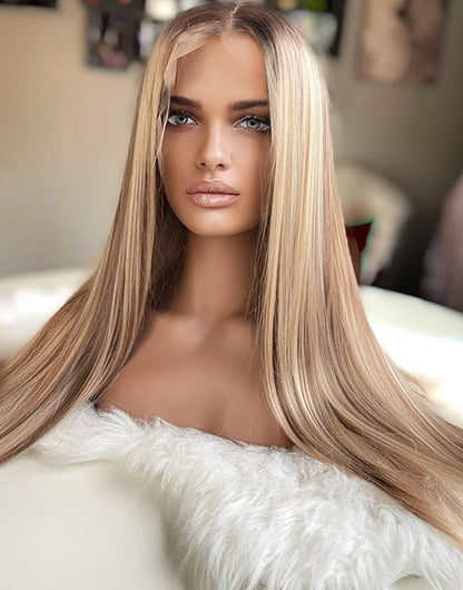 Smley-Natural Warm Blonde Combo Highlight 360 Lace Straight Preplucked Wig Full Lace Human Hair Wig