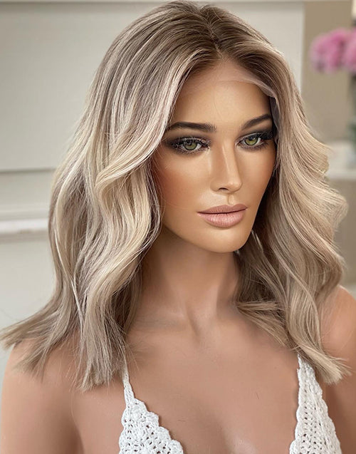 Genius-Natural Blended and Rooted Highlight Ash Blonde Wavy Bob 13x4 Lace Wig Human Hair