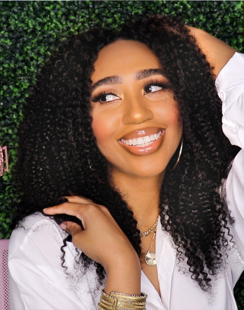 22" Thin V Part Handtied Wig Kinky Curly Human Hair Wig No Leave-Out