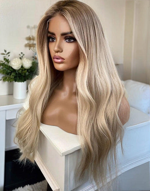 Mira-Ombre Warm Ash Blonde Balayage Highlights Full Lace Wigs Wavy Human Hair Wig