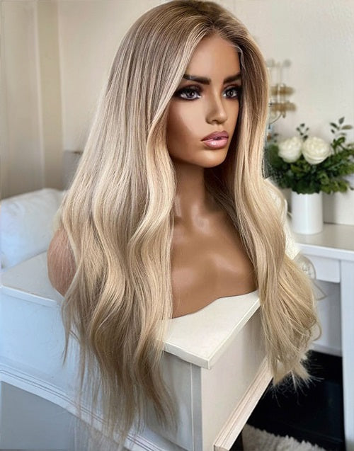 Mira-Ombre Warm Ash Blonde Balayage Highlights Full Lace Wigs Wavy Human Hair Wig