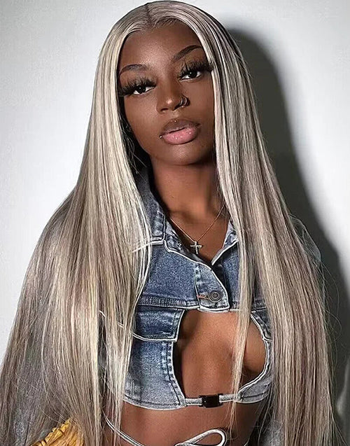 16”-26" Highlight Ash Blonde With Grey Roots Straight 4x4 Lace Wig