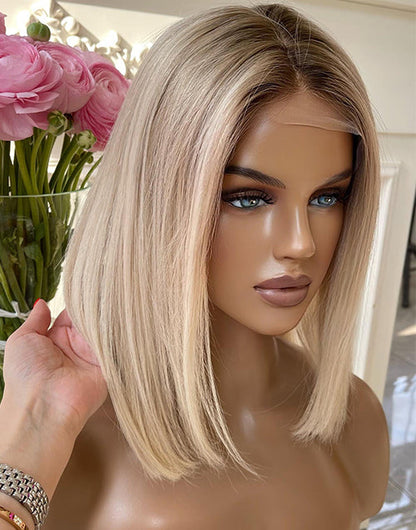 Falm-Mixed Light Bright Blonde Dark Roots Short Straight 13x6 Lace Frontal Bob Wig Glueless Wig Human Hair