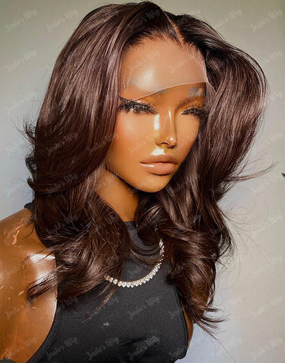 Stunning Chocolate Brown Wavy 13x4 Frontal Bob Human Hair HD Lace Wig Glueless