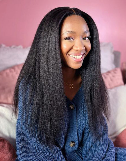 18" Kinky Straight Thin V Part Machinemade Wig No Leave-Out