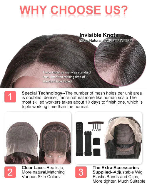 Promotional graphic for a wig with text highlighting features like invisible knots and clear lace.