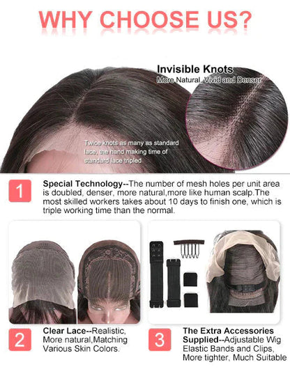 Promotional graphic for a wig with text highlighting features like invisible knots and clear lace.