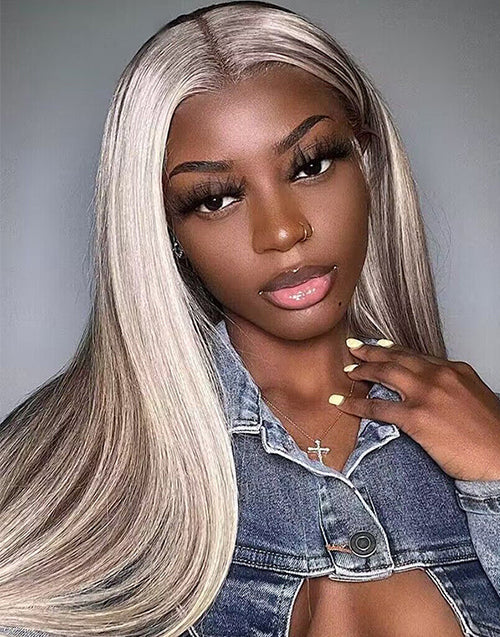 16”-26" Highlight Ash Blonde With Grey Roots Straight 4x4 Lace Wig