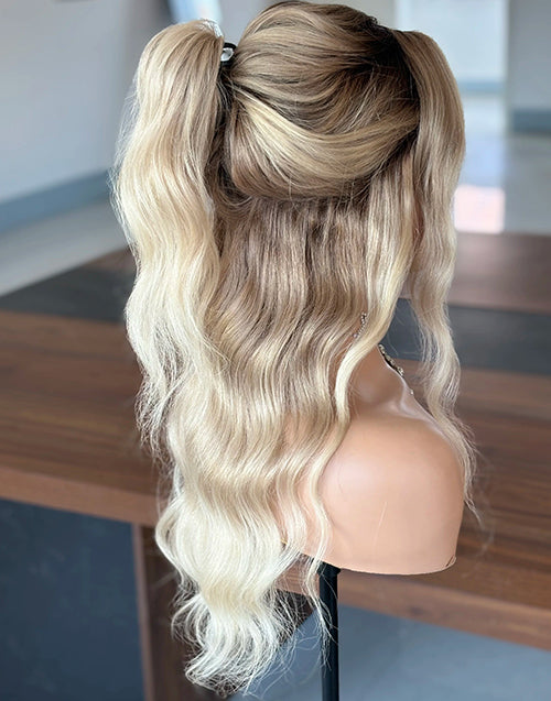 Diky-360 Updo Style Beige Blonde Wigs Wavy Can Do Braids Half Up Half Down Wig