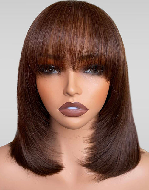 Brown/Burgundy/Black Color Layer Cut Straight Bob 5x5 Lace Glueless Wigs With Bangs