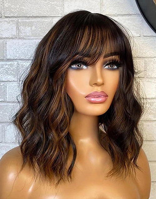 12" Brown Highlights Loose Wavy Wig With Bangs 6x5 Pre Cut Lace
