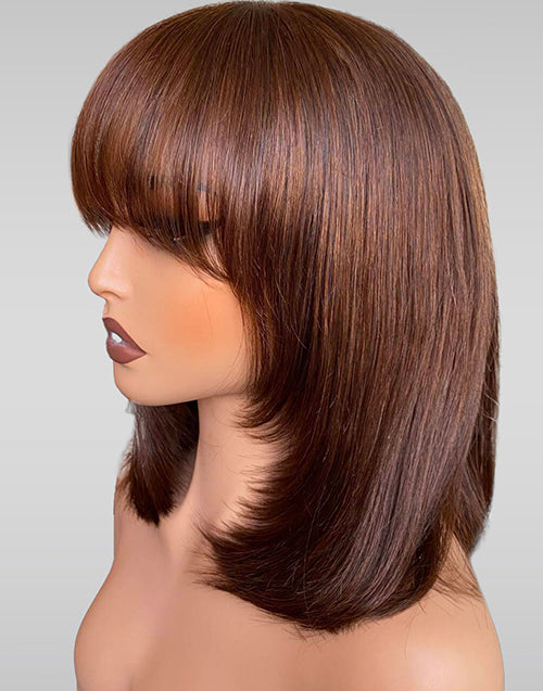 Brown/Burgundy/Black Color Layer Cut Straight Bob 5x5 Lace Glueless Wigs With Bangs