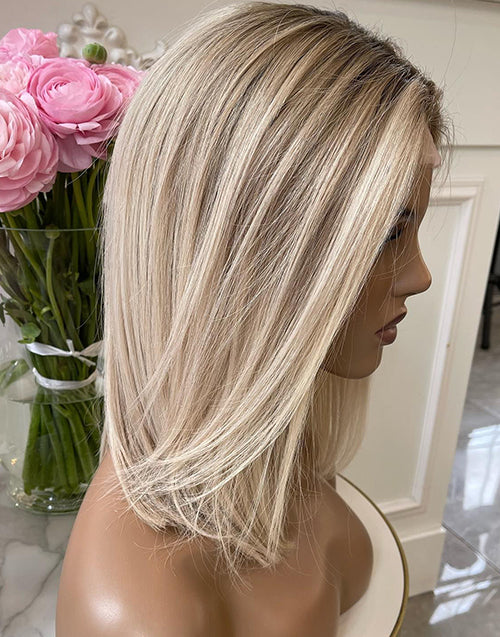 Falm-Mixed Light Bright Blonde Dark Roots Short Straight 13x6 Lace Frontal Bob Wig Glueless Wig Human Hair