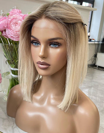 Falm-Mixed Light Bright Blonde Dark Roots Short Straight 13x6 Lace Frontal Bob Wig Glueless Wig Human Hair