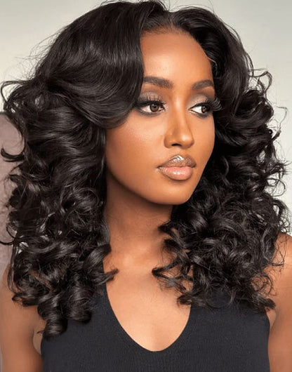 18" Price Bouncy Wavy Pull Go Wig Curtain Bangs 6x5 Pre Cut Lace